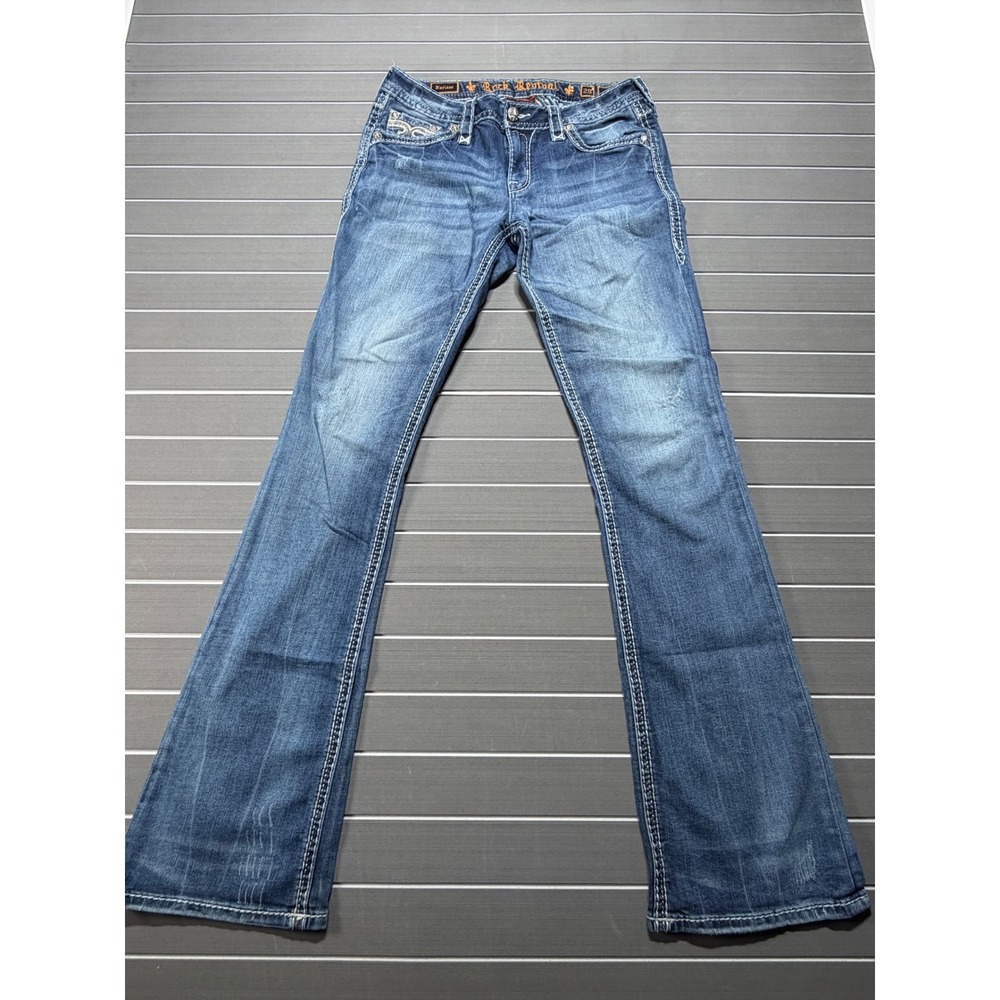 Rock Revival Karisse MB200 Mid Rise Bootcut Jeans Blue Embellished Size 29